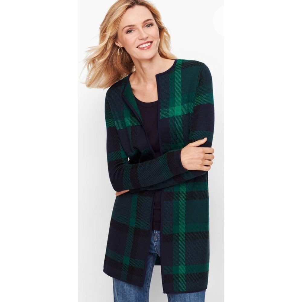 Talbots Cardigan Womens 2X Green‎ Navy Blue Merino Wool Plaid Longline